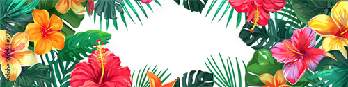 Tropical watercolor plants and flowers, summer holiday banner