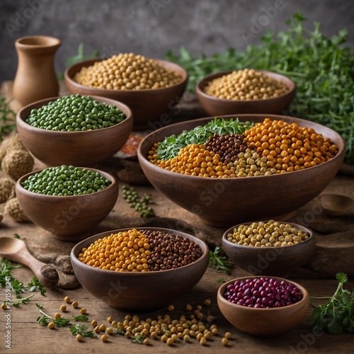 Various types of legumes displayed in wooden bowls on rustic table, showcasing rich diversity of colors, shapes. Largest bowl in center filled with mix of green, yellow, brown legumes. photo