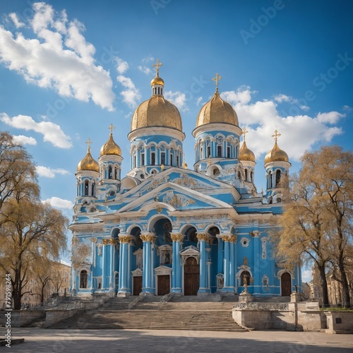 Majestic cathedral, painted in striking shade of blue, adorned with golden domes, stands against backdrop of clear sky with scattered clouds, exuding aura of grandeur, serenity. photo