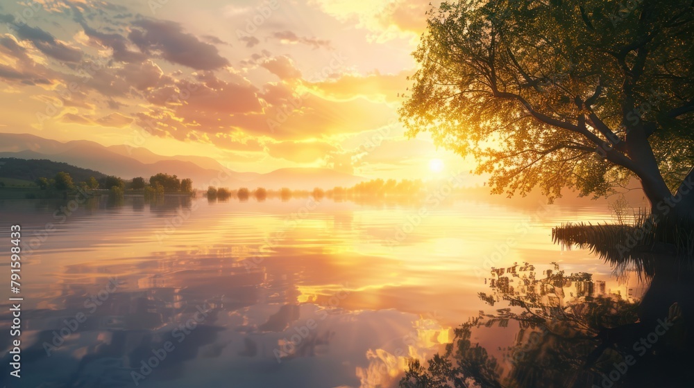 tranquil sunset over a calm lake, reflecting the beauty of nature and evoking a sense of inner peace and serenity