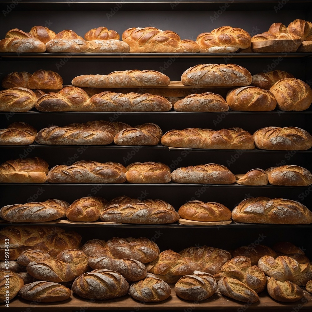 Freshly baked breads, each with golden brown crust, displayed on wooden shelves, filling air with warm, inviting aroma. Variety of breads evident, with some loaves long, slender, others round, plump.