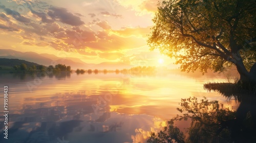 tranquil sunset over a calm lake, reflecting the beauty of nature and evoking a sense of inner peace and serenity