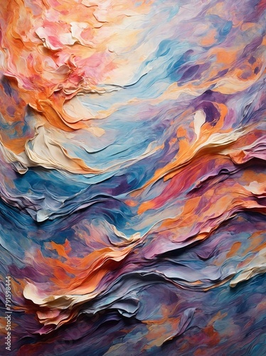 Mesmerizing dance of colors unfolds in image, where vibrant hues of orange, purple, blue, white swirl together in harmonious ballet that seems to defy boundaries of traditional art.