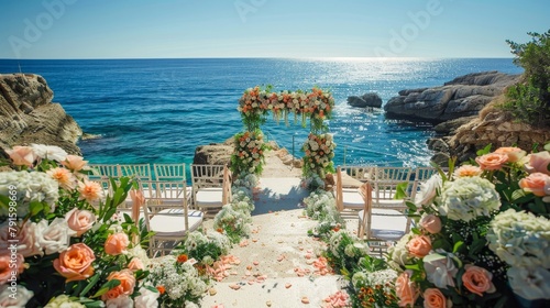 A beautiful wedding ceremony is taking place on a cliffside overlooking the ocean. TheShi noChang Suo hapinkutoBai noHua deShi rareteimasu. The sun is shining and the water is sparkling. photo