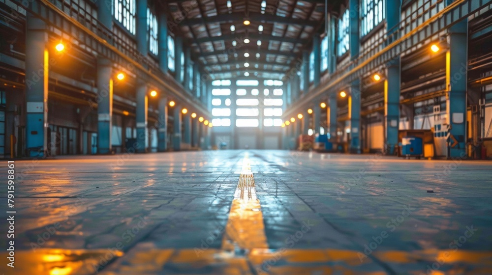 A large warehouse with a yellow line on the floor, AI A large warehouse with a yellow line on the floor, AI