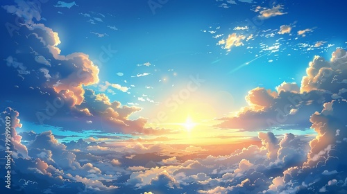A sunset illuminates a blue sky scattered with clouds, characterizing a typical summer sky photo