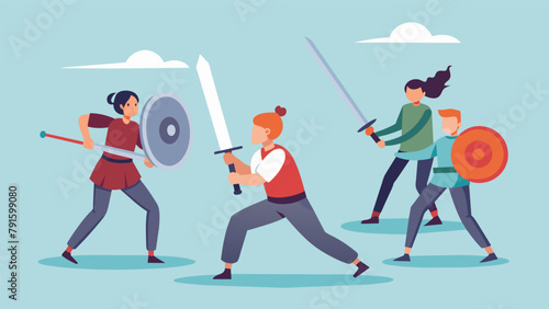 A beginners class starts their weapons training with foam swords and shields familiarizing themselves with the basics of handling and attacking