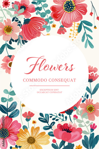 Vector watercolor banner with beautiful flowers framed