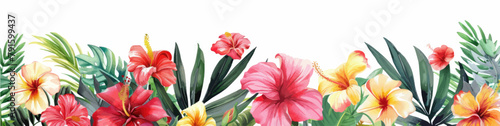 Tropical watercolor plants and flowers, summer holiday banner