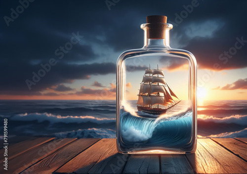 Eine Glasflasche mit einem Segelschiff auf einem Holzbrett vor einem Meereshintergrund