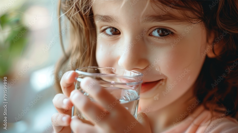 Close-up of a child holding a glass of water, taking a refreshing drink to stay hydrated and maintain good health