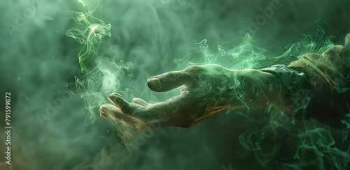 The green smoke on the arm, magic, Eastern sorcery. Generative AI.
