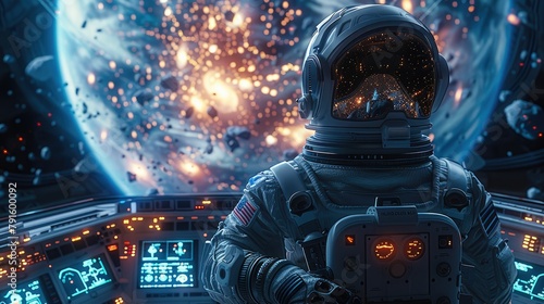 A male sci-fi space explore, wearing high-tech sci-fi space suit with full face helmet, standing on the command deck of a space ship, ship controls window view of a planet, nebula. Generative AI. photo