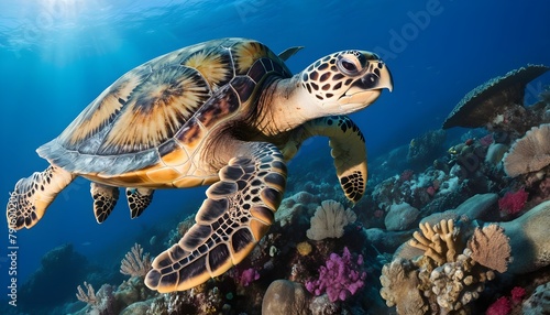 A critically endangered hawksbill sea turtle  Eretmochelys imbricata  glides over a reef off the island of Yap  Pacific Ocean  Yap  Micronesia