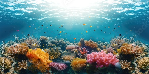 A vibrant underwater coral reef bustling with marine life and colorful corals. Generative AI.