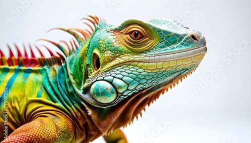 A close up portrait of a Green iguana (Iguana iguana) on a white background; Limon province, Costa Rica 4K