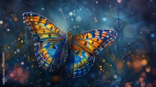 Blue orange butterfly with dark background, digital art, trending on ArtStation © Rashid