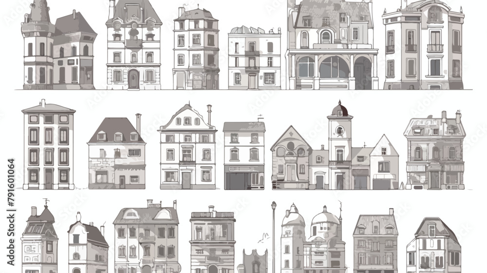 Historic old buildings line style. Outline old city