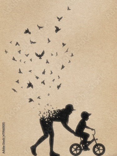 Mother and child. Dying woman and bird silhouette. Death, afterlife