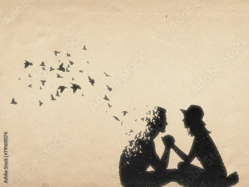 Loving couple sitting. Death and afterlife. Flying birds silhouette