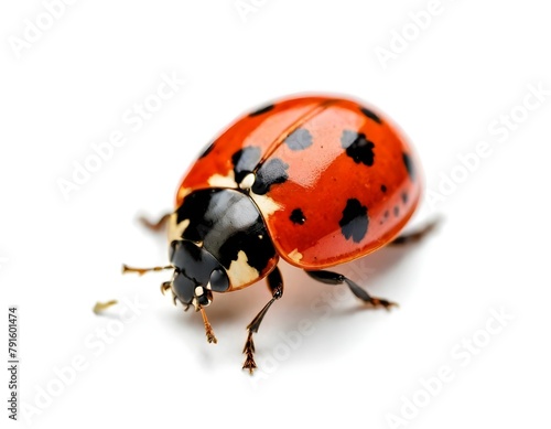 A close-up of a red ladybug with black spots on a white background