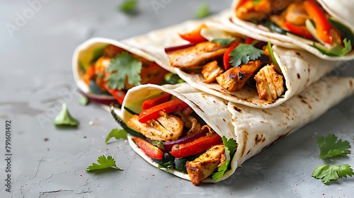 Stack of mexican street food fajita tortilla wraps with grilled buffalo chicken fillet and fresh vegetables light grey background
