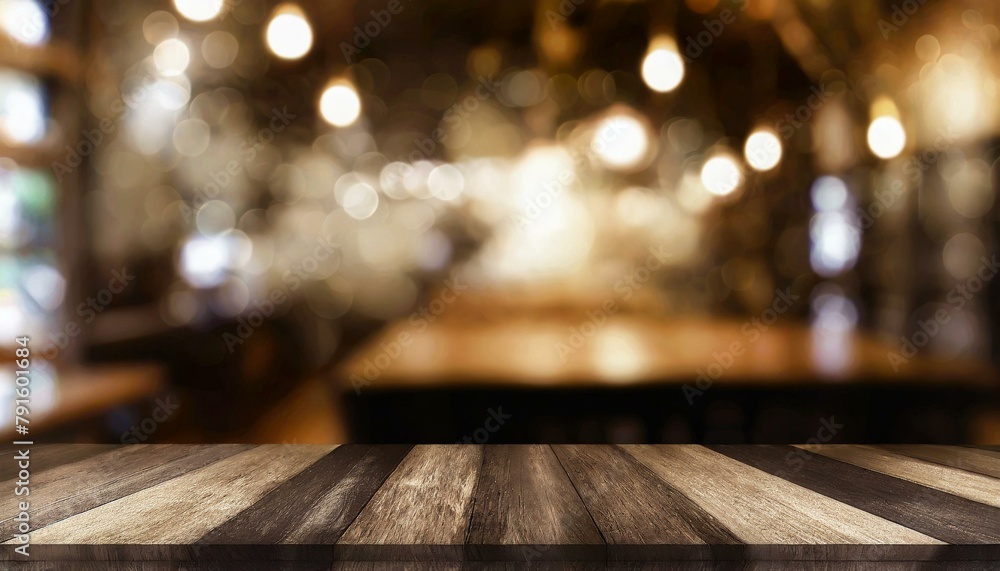 Selected Focus: Empty Wooden Table with Blurred Café Atmosphere