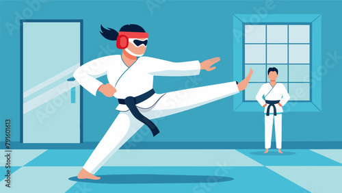A visually impaired individual trains in a modified taekwondo class relying on sensory cues and adaptations to perform each move with