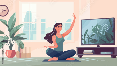 Home yoga online course illustration. Cartoon virtu photo