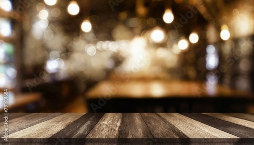 Selected Focus  Empty Wooden Table with Blurred Caf   Atmosphere