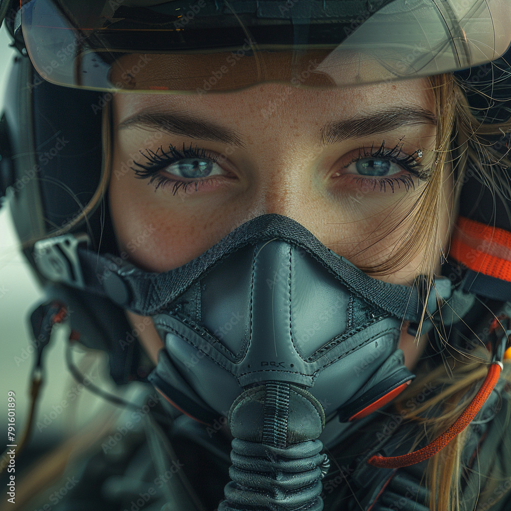 
fighter woman pilot at airfield on mission standby. Pilot Wearing Mask And Helmet