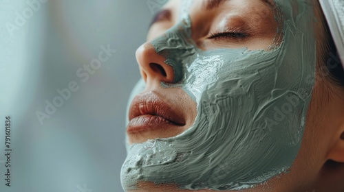 Close-up of a serene woman wearing a spa facial mask, indulging in a pampering skincare routine for ultimate relaxation.