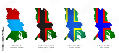 Vector isolated set with with national Karelian and unofficial Ludic, Livviki, Vepsians ethnicity flags, which is russian region. Volume shadow on the maps. White background photo