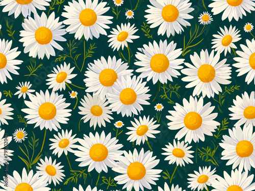 floral pattern of white daisies on a blooming field, green background, green leaves, AI generated