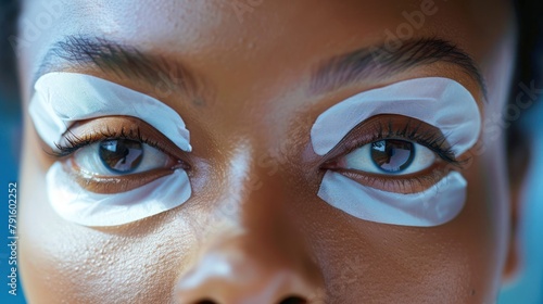 Close-up of a woman's eyes adorned with rejuvenating eye patches, banishing signs of fatigue and promoting a youthful appearance photo
