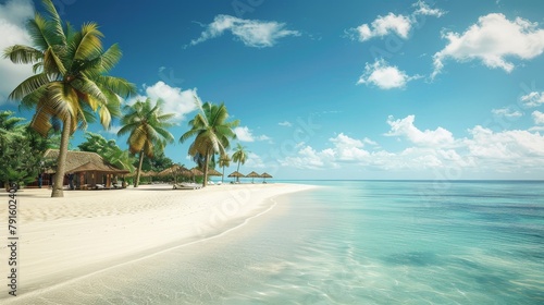 A beautiful beach with white sand  palm trees and blue water.