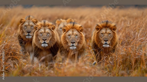 A group of four lions walking through a field together  AI