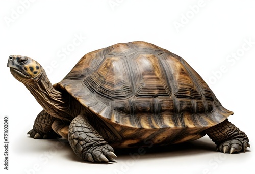 A close-up of a large tortoise with a textured shell, sitting on a plain background