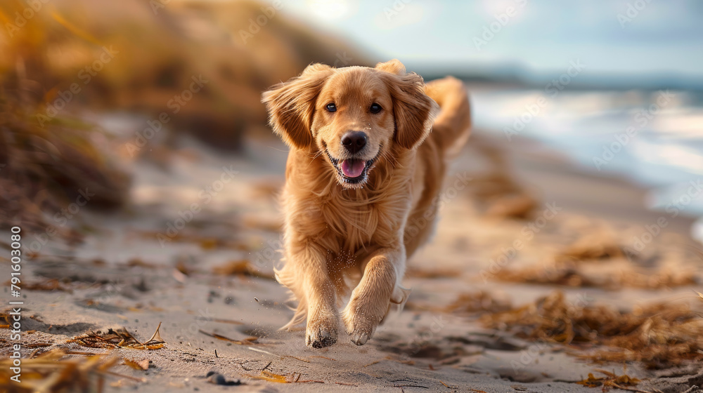A dog running happily along the beach.