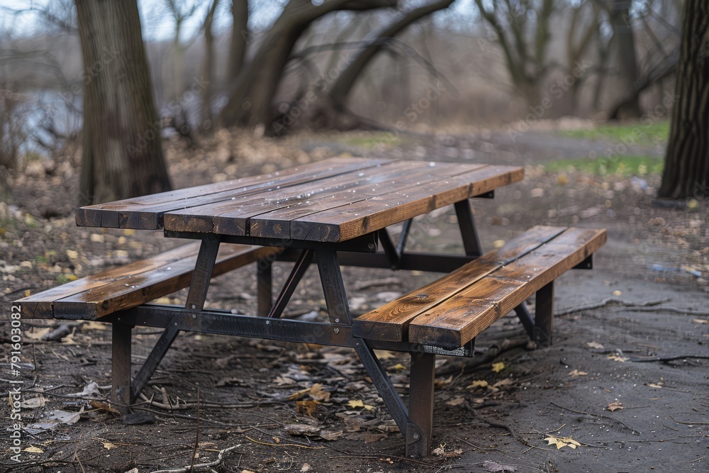 Secluded Wooden Picnic Table with Raindrops in a Misty Forest Park.