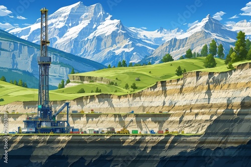 An illustration of an oil well and gas field, showing the layers underground with visible rock strata and surface features like grasslands or forests above.  photo
