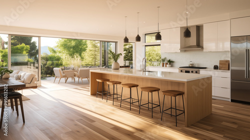 A spacious kitchen interior in a luxurious new home featuring a gleaming kitchen island and rich wooden flooring, bathed in natural light streaming through large windows,