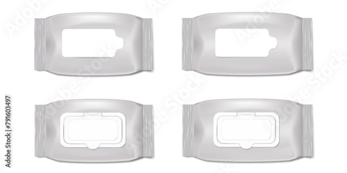 Wet wipe pack. Realistic vector mock-up set. Moist toilet paper, baby skincare tissue, scented napkin blank white packaging mockup. Flushable wipes resealable pouch. Template for design