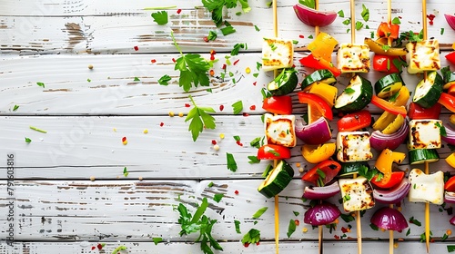 Vegetarian skewers with halloumi cheese and vegetables on white wooden background