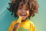 happy black child eating ice cream, pastel color background, summer vibes