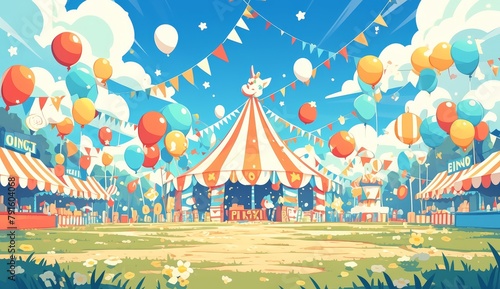 Carnival background with a circus tent, balloons and bohemian elements. An illustration of a whimsical carnival scene