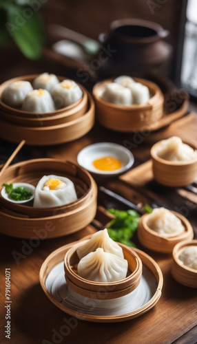 Assorted dim sum on a bamboo plate