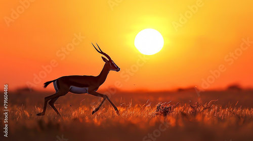 A graceful gazelle bounding effortlessly across the African plains, silhouetted against a fiery sunset.