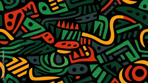 colourful green african geometric seamless pattern with grunge effect noodle.
