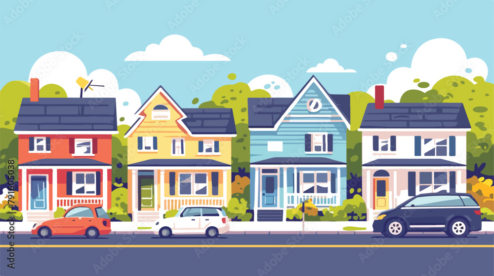Houses on street of suburb town vector illustration